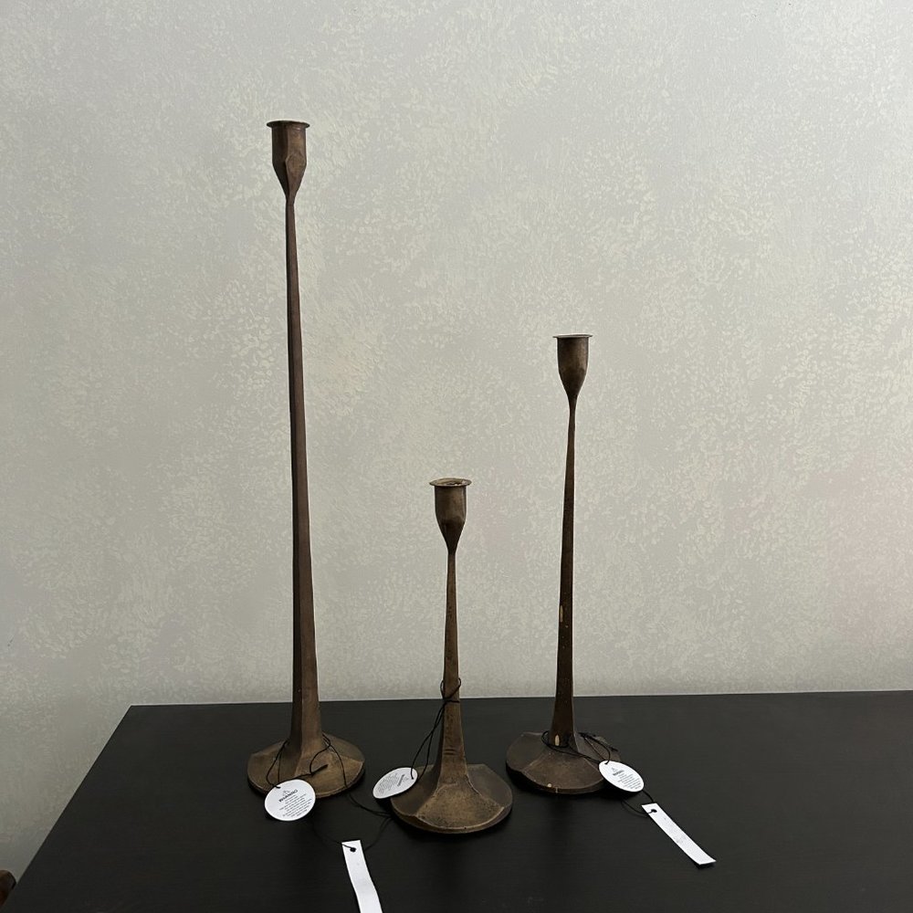 NWT Magnolia Antique Brass Gatecrest Taper Holders (Set of 3)